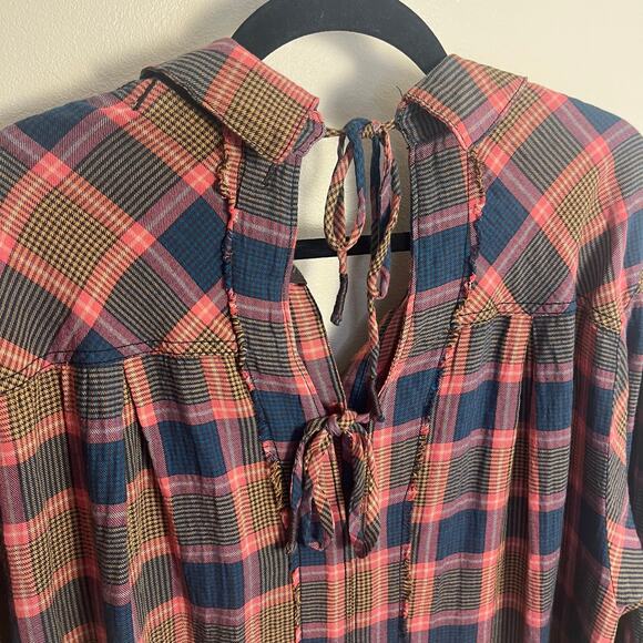 Free People Plaid Wild Side Tunic Flannel Size Medium Pink Brown - Picture 10 of 11